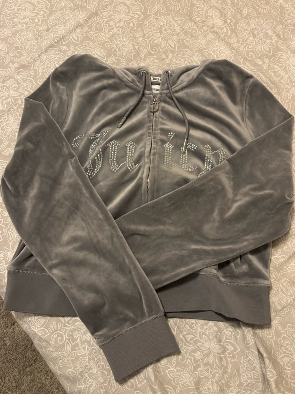 Juicy Couture Gray Velour Rhinestone Logo Zip Hoodie